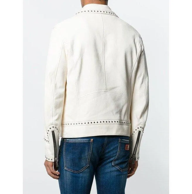 White Studded Leather Jacket Motorcycle Fashion Leather Jacket