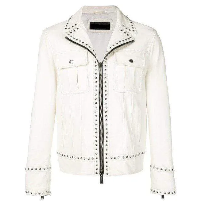 White Studded Leather Jacket Motorcycle Fashion Leather Jacket