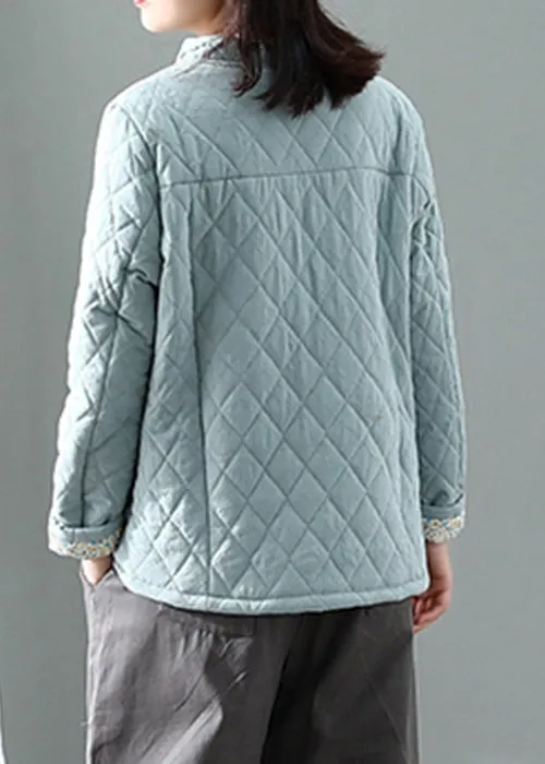 Women Blue Stand Collar Plaid Button Thick Parka Winter QG031