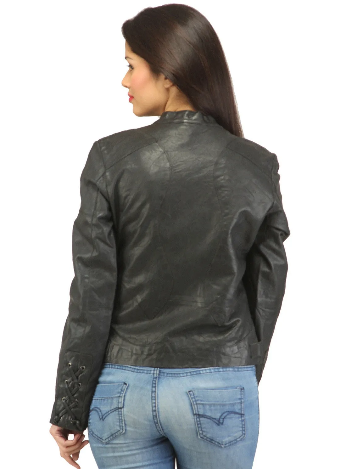 Women Leather Washed Rivet Jacket