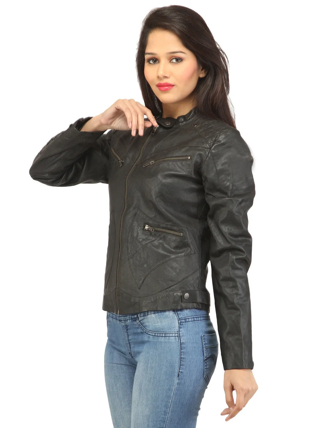 Women Leather Washed Rivet Jacket
