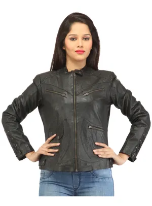 Women Leather Washed Rivet Jacket